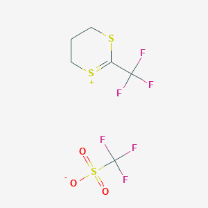 molecular formula C6H6F6O3S3 B12445565 2-Trifluoromethyl-1,3-dithianylium trifluoromethyl-sulfonate 