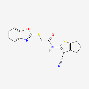 molecular formula C17H13N3O2S2 B12446510 2-(1,3-benzoxazol-2-ylsulfanyl)-N-(3-cyano-5,6-dihydro-4H-cyclopenta[b]thiophen-2-yl)acetamide 