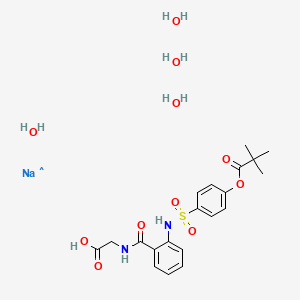 Propanoic acid, 2,2-dimethyl-, 4-[[[2-[[(carboxymethyl)amino]carbonyl]phenyl]amino]sulfonyl]phenyl ester, sodium salt, hydrate (1:1:4)