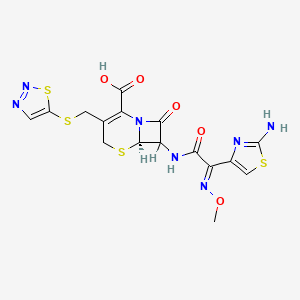 molecular formula C16H15N7O5S4 B1244769 5-((7-((2-Amino-4-(thiazoyl)-2-(methoxy-imino))acetyl)amino-4-carboxyceph-3-em-3-yl)methyl)-1,2,3-thiadiazole CAS No. 112079-66-0
