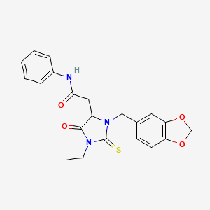 molecular formula C21H21N3O4S B12447933 2-[3-(1,3-benzodioxol-5-ylmethyl)-1-ethyl-5-oxo-2-thioxoimidazolidin-4-yl]-N-phenylacetamide 