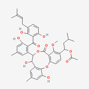 molecular formula C43H46O12 B1245034 1-(7-{2-[2,6-dihydroxy-3-(3-methylbut-2-en-1-yl)benzoyl]-3-hydroxy-5-methylphenyl}-8,12-dihydroxy-4-methoxy-10-methyl-5-oxo-7,8-dihydro-5H-dibenzo[b,h][1,5]dioxonin-3-yl)-3-methylbutyl acetate 