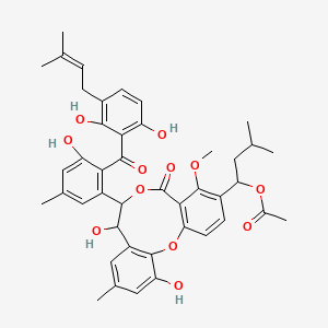 molecular formula C43H46O12 B1245034 1-(7-{2-[2,6-二羟基-3-(3-甲基丁-2-烯-1-基)苯甲酰]-3-羟基-5-甲基苯基}-8,12-二羟基-4-甲氧基-10-甲基-5-氧代-7,8-二氢-5H-二苯并[b,h][1,5]二氧杂环辛-3-基)-3-甲基丁基乙酸酯 