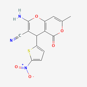 molecular formula C14H9N3O5S B12450582 2-amino-7-methyl-4-(5-nitrothiophen-2-yl)-5-oxo-4H,5H-pyrano[4,3-b]pyran-3-carbonitrile 