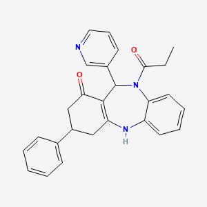 molecular formula C27H25N3O2 B12451644 3-phenyl-10-propanoyl-11-(pyridin-3-yl)-2,3,4,5,10,11-hexahydro-1H-dibenzo[b,e][1,4]diazepin-1-one CAS No. 6239-43-6