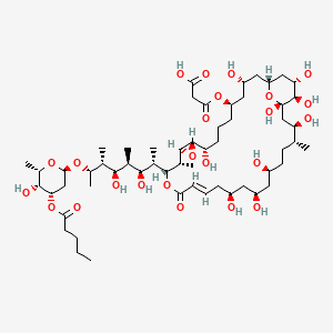 molecular formula C57H98O24 B1245184 3-{[(1R,3R,5R,9S,10S,12S,13R,14R,17E,20S,22R,24S,27R,28R,30S,31R,32S)-14-{(2S,3S,4R,5R,6R,7S)-7-[(2,6-dideoxy-3-O-pentanoyl-alpha-L-lyxo-hexopyranosyl)oxy]-3,5-dihydroxy-4,6-dimethyloctan-2-yl}-3,9,20,22,24,28,30,31,32-nonahydroxy-13,27-dimethyl-16-oxo-11,15,34-trioxatricyclo[28.3.1.0(10,12)]tetratriacont-17-en-5-yl]oxy}-3-oxopropanoic acid 