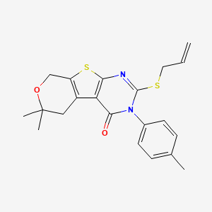 molecular formula C21H22N2O2S2 B12453197 12,12-dimethyl-4-(4-methylphenyl)-5-prop-2-enylsulfanyl-11-oxa-8-thia-4,6-diazatricyclo[7.4.0.02,7]trideca-1(9),2(7),5-trien-3-one 