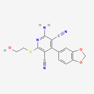 molecular formula C16H12N4O3S B1245365 2-Amino-4-(1,3-benzodioxol-5-yl)-6-(2-hydroxyethyl)sulfanyl-3,5-pyridinedicarbonitrile 