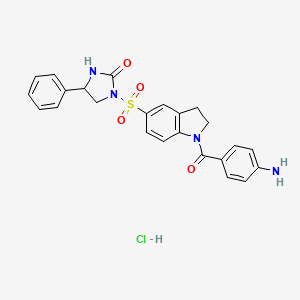 molecular formula C24H23ClN4O4S B1245412 1H-Indole, 1-(4-aminobenzoyl)-2,3-dihydro-5-((2-oxo-4-phenyl-1-imidazolidinyl)sulfonyl)-, monohydrochloride CAS No. 203860-97-3