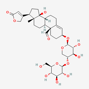 molecular formula C34H48O14 B1245534 3-[3,4-Dihydroxy-5-[3,4,5-trihydroxy-6-(hydroxymethyl)oxan-2-yl]oxyoxan-2-yl]oxy-14-hydroxy-13-methyl-17-(5-oxo-2H-furan-3-yl)-1,2,3,6,7,8,9,11,12,15,16,17-dodecahydrocyclopenta[a]phenanthrene-10-carb 
