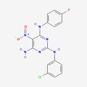 molecular formula C16H12ClFN6O2 B12457533 N~2~-(3-chlorophenyl)-N~4~-(4-fluorophenyl)-5-nitropyrimidine-2,4,6-triamine 