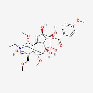 molecular formula C33H47NO11 B1245755 [(1S,4R,5R,6S,7S,8R,13R,14R,16S,18R)-11-ethyl-5,7,8,14-tetrahydroxy-6,16,18-trimethoxy-13-(methoxymethyl)-11-azahexacyclo[7.7.2.12,5.01,10.03,8.013,17]nonadecan-4-yl] 4-methoxybenzoate 