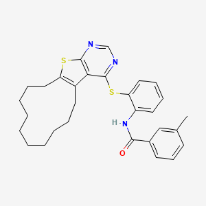 molecular formula C30H33N3OS2 B12457633 N-[2-(5,6,7,8,9,10,11,12,13,14-decahydrocyclododeca[4,5]thieno[2,3-d]pyrimidin-4-ylsulfanyl)phenyl]-3-methylbenzamide 