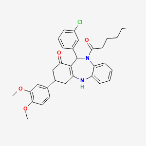 molecular formula C33H35ClN2O4 B12458140 6-(3-chlorophenyl)-9-(3,4-dimethoxyphenyl)-5-hexanoyl-8,9,10,11-tetrahydro-6H-benzo[b][1,4]benzodiazepin-7-one 