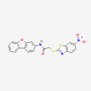 molecular formula C21H13N3O4S2 B12458416 N-(dibenzo[b,d]furan-3-yl)-2-[(6-nitro-1,3-benzothiazol-2-yl)sulfanyl]acetamide 