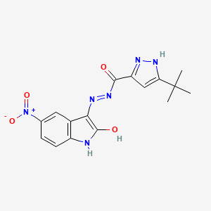 molecular formula C16H16N6O4 B12459225 5-Tert-butyl-N'-[(3E)-5-nitro-2-oxo-1H-indol-3-ylidene]-2H-pyrazole-3-carbohydrazide 