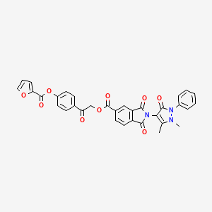 molecular formula C33H23N3O9 B12459319 2-{4-[(furan-2-ylcarbonyl)oxy]phenyl}-2-oxoethyl 2-(1,5-dimethyl-3-oxo-2-phenyl-2,3-dihydro-1H-pyrazol-4-yl)-1,3-dioxo-2,3-dihydro-1H-isoindole-5-carboxylate 