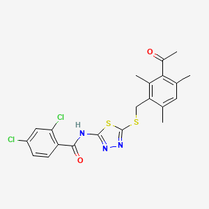 molecular formula C21H19Cl2N3O2S2 B12462658 N-{5-[(3-acetyl-2,4,6-trimethylbenzyl)sulfanyl]-1,3,4-thiadiazol-2-yl}-2,4-dichlorobenzamide 