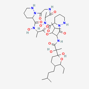 molecular formula C39H66N8O13 B1246417 N-(7,21-dihydroxy-6,20-dimethyl-2,5,8,15,19,22-hexaoxo-17-propan-2-yl-18-oxa-1,4,7,13,14,21,27-heptazatricyclo[21.4.0.09,14]heptacosan-16-yl)-2-[6-ethyl-2-hydroxy-5-(3-methylbutyl)oxan-2-yl]-2-hydroxypropanamide 