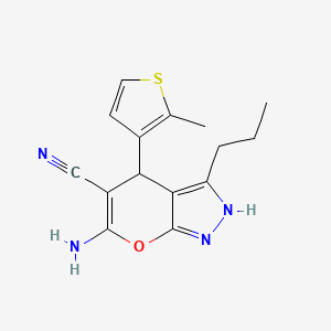 molecular formula C15H16N4OS B12464401 6-Amino-4-(2-methylthiophen-3-yl)-3-propyl-1,4-dihydropyrano[2,3-c]pyrazole-5-carbonitrile 