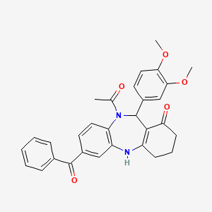 molecular formula C30H28N2O5 B12464498 10-acetyl-11-(3,4-dimethoxyphenyl)-7-(phenylcarbonyl)-2,3,4,5,10,11-hexahydro-1H-dibenzo[b,e][1,4]diazepin-1-one 