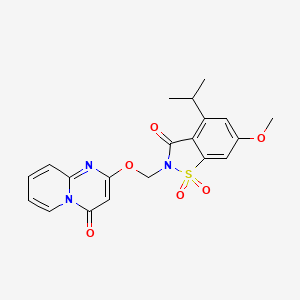 molecular formula C20H19N3O6S B1246616 6-Methoxy-1,1-dioxo-2-[(4-oxopyrido[1,2-a]pyrimidin-2-yl)oxymethyl]-4-propan-2-yl-1,2-benzothiazol-3-one 