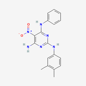 molecular formula C18H18N6O2 B12467823 N~2~-(3,4-dimethylphenyl)-5-nitro-N~4~-phenylpyrimidine-2,4,6-triamine 