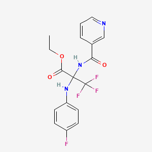 molecular formula C17H15F4N3O3 B12468298 Ethyl 3,3,3-trifluoro-2-(4-fluoroanilino)-2-nicotinamidopropionate 