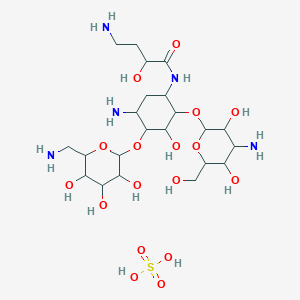 molecular formula C22H45N5O17S B12469018 4-amino-N-[5-amino-2-[4-amino-3,5-dihydroxy-6-(hydroxymethyl)oxan-2-yl]oxy-4-[6-(aminomethyl)-3,4,5-trihydroxyoxan-2-yl]oxy-3-hydroxycyclohexyl]-2-hydroxybutanamide;sulfuric acid 