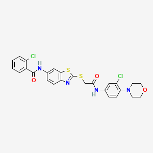 molecular formula C26H22Cl2N4O3S2 B12469236 2-chloro-N-{2-[(2-{[3-chloro-4-(morpholin-4-yl)phenyl]amino}-2-oxoethyl)sulfanyl]-1,3-benzothiazol-6-yl}benzamide 