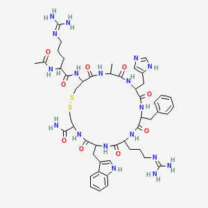 molecular formula C49H68N18O9S2 B12469289 13-benzyl-22-(5-carbamimidamido-2-acetamidopentanamido)-10-(3-carbamimidamidopropyl)-16-(1H-imidazol-4-ylmethyl)-7-(1H-indol-3-ylmethyl)-19-methyl-6,9,12,15,18,21-hexaoxo-1,2-dithia-5,8,11,14,17,20-hexaazacyclotricosane-4-carboxamide 