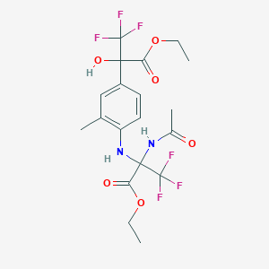 molecular formula C19H22F6N2O6 B12469597 Ethyl 2-(acetylamino)-2-[4-[1-(ethoxycarbonyl)-2,2,2-trifluoro-1-hydroxyethyl]-2-methylanilino]-3,3,3-trifluoropropanoate 