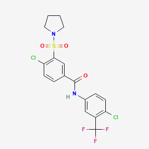 molecular formula C18H15Cl2F3N2O3S B12469844 4-chloro-N-[4-chloro-3-(trifluoromethyl)phenyl]-3-(pyrrolidin-1-ylsulfonyl)benzamide CAS No. 5675-07-0