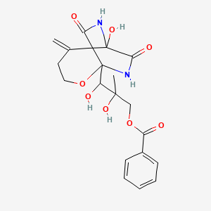 molecular formula C19H22N2O8 B12470102 2,3-Dihydroxy-3-{6-hydroxy-5-methylidene-8,10-dioxo-2-oxa-7,9-diazabicyclo[4.2.2]decan-1-yl}-2-methylpropyl benzoate 