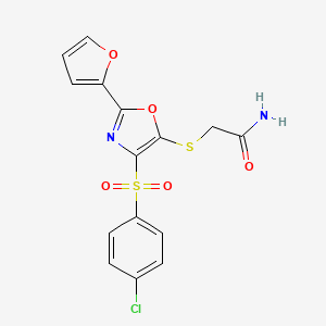 molecular formula C15H11ClN2O5S2 B12470397 2-({4-[(4-Chlorophenyl)sulfonyl]-2-(furan-2-yl)-1,3-oxazol-5-yl}sulfanyl)acetamide 