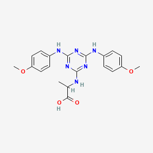 molecular formula C20H22N6O4 B12471268 N-{4,6-bis[(4-methoxyphenyl)amino]-1,3,5-triazin-2-yl}alanine 