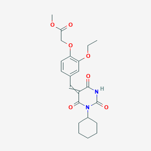 molecular formula C22H26N2O7 B12472619 Methyl 2-[4-[(1-cyclohexyl-2,4,6-trioxo-1,3-diazinan-5-ylidene)methyl]-2-ethoxy-phenoxy]acetate CAS No. 5453-63-4