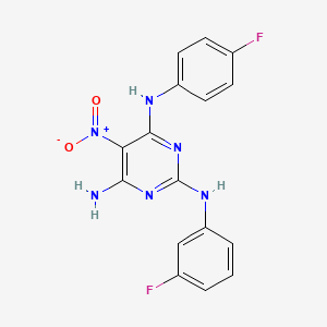 molecular formula C16H12F2N6O2 B12474522 N~2~-(3-fluorophenyl)-N~4~-(4-fluorophenyl)-5-nitropyrimidine-2,4,6-triamine 