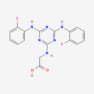 molecular formula C17H14F2N6O2 B12474618 N-{4,6-bis[(2-fluorophenyl)amino]-1,3,5-triazin-2-yl}glycine 