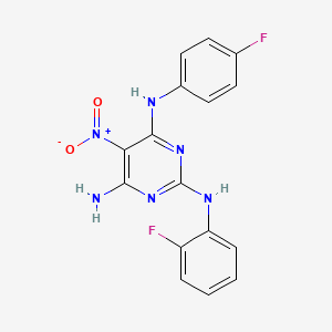 molecular formula C16H12F2N6O2 B12474655 N~2~-(2-fluorophenyl)-N~4~-(4-fluorophenyl)-5-nitropyrimidine-2,4,6-triamine 