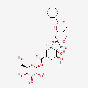 molecular formula C27H34O14 B1247466 [(2S,3R,4S,5S,6R)-3,4,5-trihydroxy-6-(hydroxymethyl)oxan-2-yl] (2S,3aR,4S,4'S,5'R,6S,7aR)-4'-benzoyloxy-3a,4-dihydroxy-5'-methyl-3-oxospiro[5,6,7,7a-tetrahydro-4H-1-benzofuran-2,2'-oxane]-6-carboxylate 