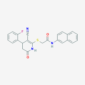 molecular formula C24H18FN3O2S B12474763 2-{[3-cyano-4-(2-fluorophenyl)-6-oxo-1,4,5,6-tetrahydropyridin-2-yl]sulfanyl}-N-(naphthalen-2-yl)acetamide 