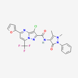 molecular formula C23H16ClF3N6O3 B12475230 3-chloro-N-(1,5-dimethyl-3-oxo-2-phenylpyrazol-4-yl)-5-(furan-2-yl)-7-(trifluoromethyl)pyrazolo[1,5-a]pyrimidine-2-carboxamide 