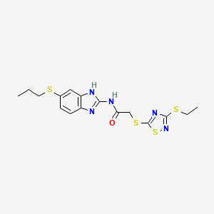 molecular formula C16H19N5OS4 B12476069 2-{[3-(ethylsulfanyl)-1,2,4-thiadiazol-5-yl]sulfanyl}-N-[5-(propylsulfanyl)-1H-benzimidazol-2-yl]acetamide 