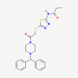 molecular formula C24H27N5O2S2 B12476315 N-[5-({2-[4-(diphenylmethyl)piperazin-1-yl]-2-oxoethyl}sulfanyl)-1,3,4-thiadiazol-2-yl]propanamide 