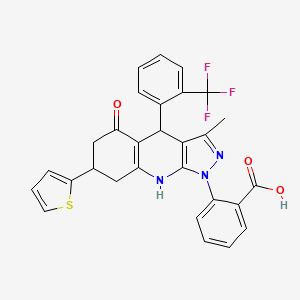 molecular formula C29H22F3N3O3S B12476462 2-{3-methyl-5-oxo-7-(thiophen-2-yl)-4-[2-(trifluoromethyl)phenyl]-4,5,6,7,8,9-hexahydro-1H-pyrazolo[3,4-b]quinolin-1-yl}benzoic acid 