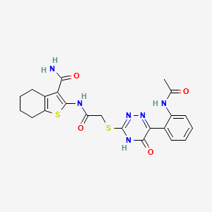 molecular formula C22H22N6O4S2 B12476659 2-{[({6-[2-(Acetylamino)phenyl]-5-oxo-4,5-dihydro-1,2,4-triazin-3-yl}sulfanyl)acetyl]amino}-4,5,6,7-tetrahydro-1-benzothiophene-3-carboxamide 