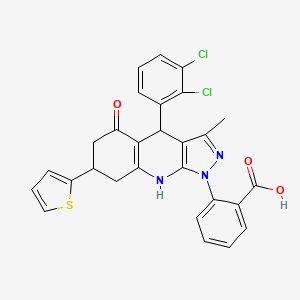 molecular formula C28H21Cl2N3O3S B12477707 2-[4-(2,3-dichlorophenyl)-3-methyl-5-oxo-7-(thiophen-2-yl)-4,5,6,7,8,9-hexahydro-1H-pyrazolo[3,4-b]quinolin-1-yl]benzoic acid 