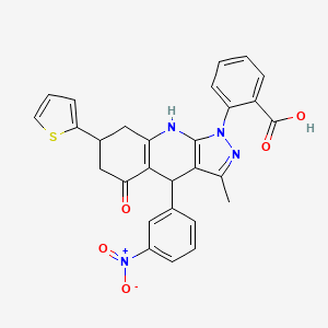 2-[3-methyl-4-(3-nitrophenyl)-5-oxo-7-(thiophen-2-yl)-4,5,6,7,8,9-hexahydro-1H-pyrazolo[3,4-b]quinolin-1-yl]benzoic acid