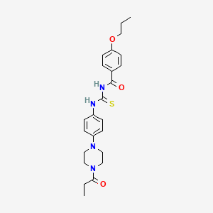 molecular formula C24H30N4O3S B12478355 N-{[4-(4-propanoylpiperazin-1-yl)phenyl]carbamothioyl}-4-propoxybenzamide 